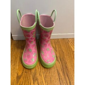 Blue Mountain Toddler Girls Pink Strawberry Print Rubber Rain Boots Size 7/8